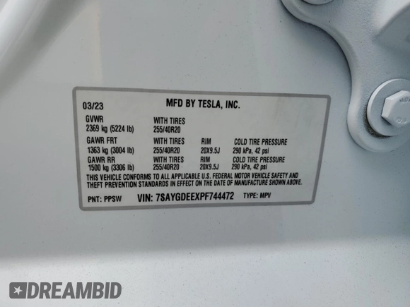 2023 Tesla Model Y Long Range with VIN 7SAYGDEEXPF744472, listed as a Copart auction lot 54109315 with 15,404 mi miles and Salvage Title. Bid and sale history available at DreamBid. Image 12.