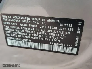2012 Volkswagen Passat SE with VIN 1VWBH7A38CC092395, listed as a Copart auction lot 87015864 with 176,150 mi miles and Salvage Title. Bid and sale history available at carsss.com. Image 12.