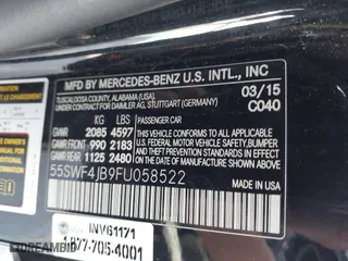 2015 Mercedes-Benz C-Class C 300 with VIN 55SWF4JB9FU058522, listed as a IAAI auction lot 41446546 with 1 mi miles. Bid and sale history available at carsss.com. Image 9.