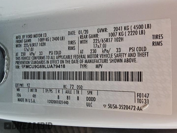 2020 Ford Escape SE with VIN 1FMCU9G69LUA79418, listed as a Copart auction lot 56177155 with 105,394 mi miles and Clean title. Bid and sale history available at DreamBid. Image 13.