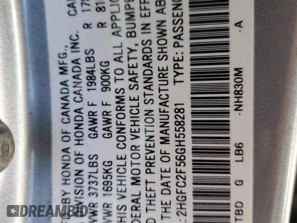 2016 Honda Civic Sedan LX with VIN 2HGFC2F56GH558281, listed as a Copart auction lot 52154715 with 70,092 mi miles and Salvage Title. Bid and sale history available at carsss.com. Image 12.