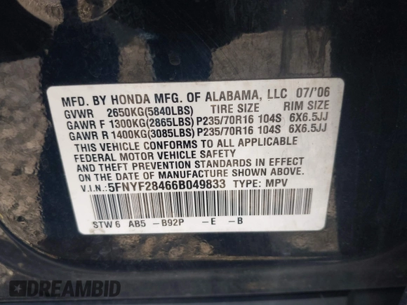 2006 Honda Pilot EX with VIN 5FNYF28466B049833, listed as a IAAI auction lot 41939721 with 238,995 mi miles and . Bid and sale history available at DreamBid. Image 9.