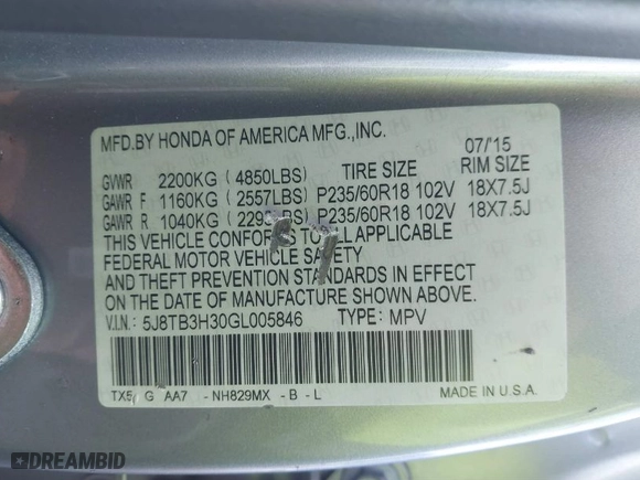 2016 Acura RDX with VIN 5J8TB3H30GL005846, listed as a IAAI auction lot 41606349 with 1 mi miles. Bid and sale history available at carsss.com. Image 9.