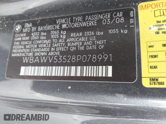 2008 BMW 3 Series 328xi z VIN WBAWV53528P078991, wystawiony jako IAAI lot #41662807 z przebiegiem Nie podano mil oraz . Historia ofert i sprzedaży dostępna na DreamBid. Obrazek 9.