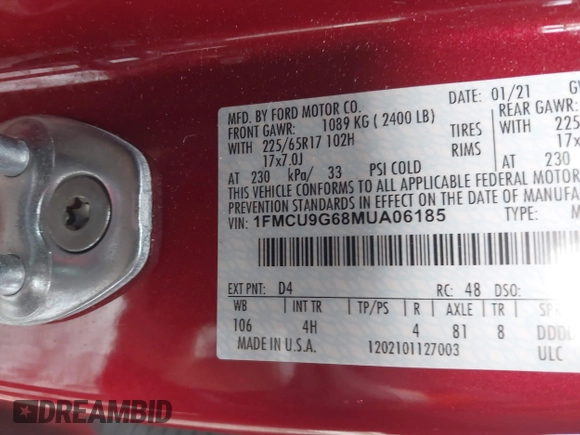 2021 Ford Escape SE with VIN 1FMCU9G68MUA06185, listed as a IAAI auction lot 41695906 with 43,463 mi miles and . Bid and sale history available at DreamBid. Image 9.