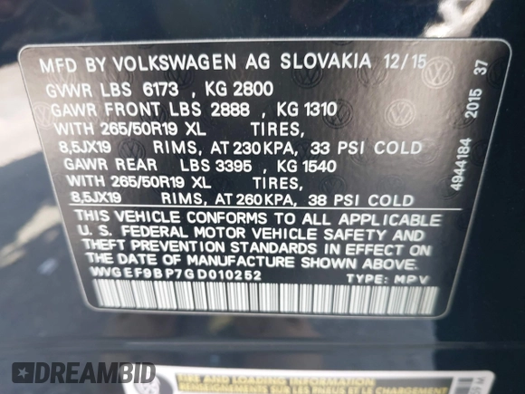 2016 Volkswagen Touareg Sport with VIN WVGEF9BP7GD010252, listed as a IAAI auction lot 42465165 with Not provided miles and . Bid and sale history available at DreamBid. Image 9.