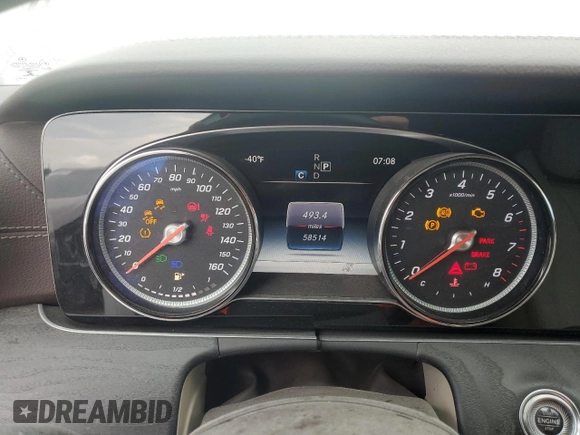 2018 Mercedes-Benz E 400 with VIN WDD1K6FB2JF033614, listed as a Copart auction lot 59001335 with 58,514 mi miles and Salvage title. Bid and sale history available at DreamBid. Image 9.