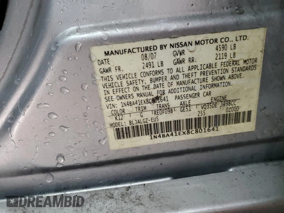 2008 Nissan Maxima SE with VIN 1N4BA41EX8C801641, listed as a Copart auction lot 50396645 with 194,757 mi miles and Salvage title. Bid and sale history available at DreamBid. Image 13.
