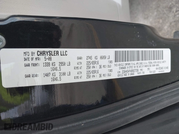2008 Dodge Grand Caravan SXT with VIN 2D8HN54P48R827298, listed as a IAAI auction lot 41972302 with 199,903 mi miles and . Bid and sale history available at DreamBid. Image 9.