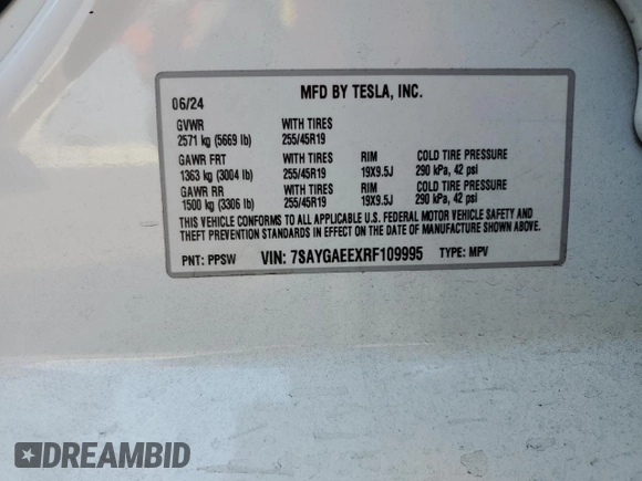 2024 Tesla Model Y Long Range with VIN 7SAYGAEEXRF109995, listed as a Copart auction lot 55160345 with Not provided miles and Salvage title. Bid and sale history available at DreamBid. Image 13.
