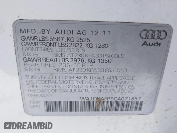 2012 Audi Q5 3.2L Premium Plus with VIN WA1DKAFP9CA071857, listed as a IAAI auction lot 41391040 with 1 mi miles. Bid and sale history available at carsss.com. Image 9.
