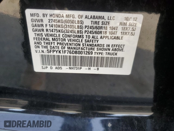 2013 Honda Ridgeline Sport z VIN 5FPYK1F76DB001269, wystawiony jako Copart lot #47487675 z przebiegiem 159 657 mil mil oraz Szkoda całkowita • Salvage title. Historia ofert i sprzedaży dostępna na DreamBid. Obrazek 13.