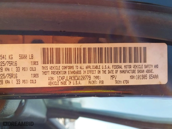 2012 Jeep Liberty Sport with VIN 1C4PJLAK9CW120779, listed as a IAAI auction lot 41901708 with 162,696 mi miles. Bid and sale history available at carsss.com. Image 9.