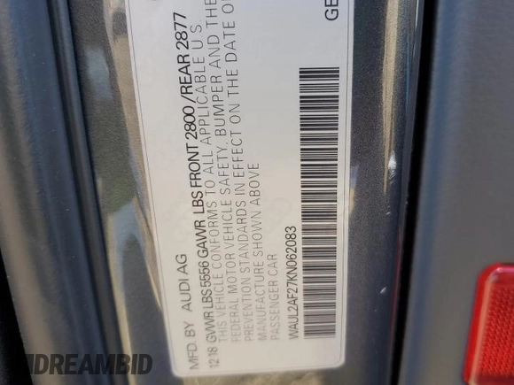 2019 Audi A6 Premium Plus with VIN WAUL2AF27KN062083, listed as a Copart auction lot 39653963 with 0 mi miles. Bid and sale history available at carsss.com. Image 12.