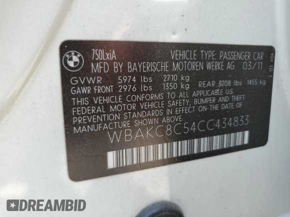 2012 BMW 7 Series 750Li xDrive z VIN WBAKC8C54CC434833, wystawiony jako Copart lot #54531455 z przebiegiem 110 959 mil mil oraz Szkoda całkowita • Salvage title. Historia ofert i sprzedaży dostępna na DreamBid. Obrazek 12.