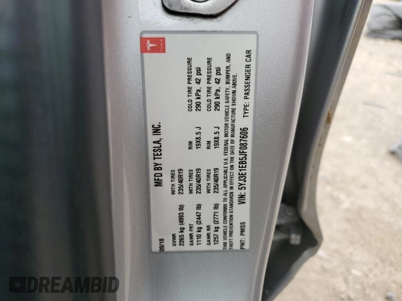 2018 Tesla Model 3 Long Range Battery with VIN 5YJ3E1EB5JF087606, listed as a Copart auction lot 52298485 with 73,242 mi miles and Salvage Title. Bid and sale history available at DreamBid. Image 12.