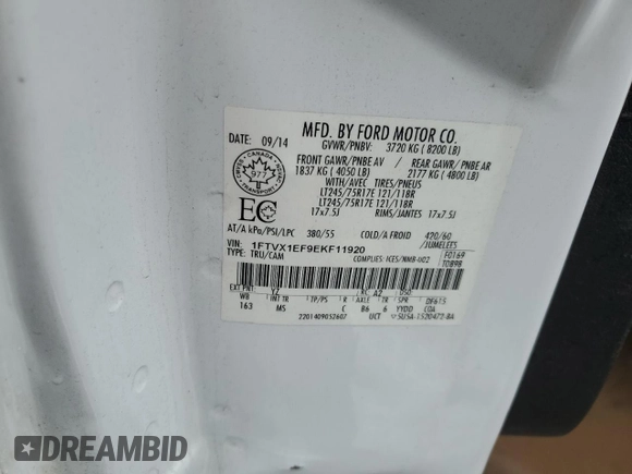 2014 Ford F-150 XL with VIN 1FTVX1EF9EKF11920, listed as a Copart auction lot 53288005 with 152,876 mi miles and Salvage title. Bid and sale history available at DreamBid. Image 13.