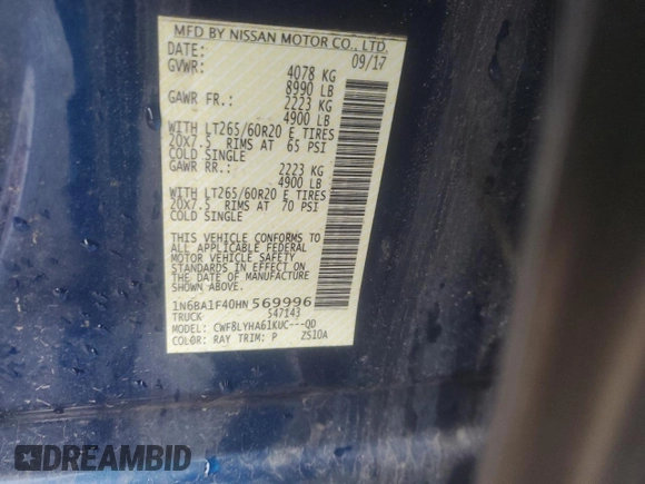 2017 Nissan Titan Platinum Reserve z VIN 1N6BA1F40HN569996, wystawiony jako Copart lot #55887505 z przebiegiem 93 488 mil mil oraz Szkoda całkowita • Salvage title. Historia ofert i sprzedaży dostępna na DreamBid. Obrazek 13.