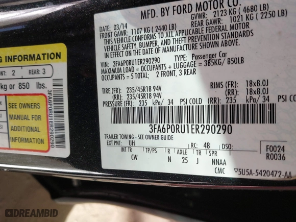 2014 Ford Fusion Titanium Hybrid with VIN 3FA6P0RU1ER290290, listed as a IAAI auction lot 41671735 with 207,405 mi miles. Bid and sale history available at carsss.com. Image 9.