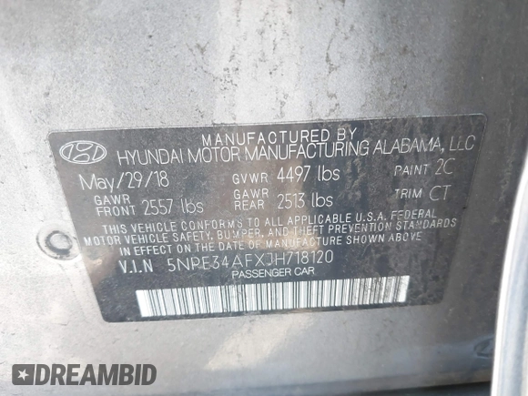 2018 Hyundai Sonata SEL with VIN 5NPE34AFXJH718120, listed as a IAAI auction lot 41847879 with 84,408 mi miles and . Bid and sale history available at carsss.com. Image 9.