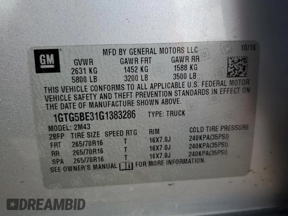 2016 GMC Canyon 2WD with VIN 1GTG5BE31G1383286, listed as a Copart auction lot 82579034 with 106,479 mi miles and Salvage Title. Bid and sale history available at carsss.com. Image 14.