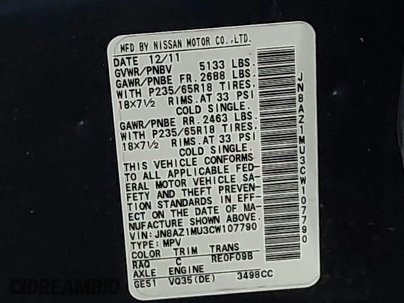 2012 Nissan Murano S z VIN JN8AZ1MU3CW107790, wystawiony jako IAAI lot #42340177 z przebiegiem 139 449 mil mil oraz . Historia ofert i sprzedaży dostępna na DreamBid. Obrazek 9.