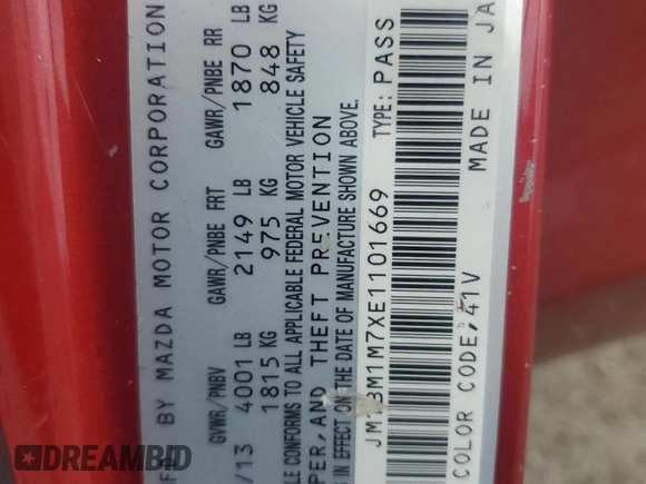 2014 Mazda 3 i Grand Touring z VIN JM1BM1M7XE1101669, wystawiony jako Copart lot #56504335 z przebiegiem 94 832 mil mil oraz Szkoda całkowita • Salvage title. Historia ofert i sprzedaży dostępna na DreamBid. Obrazek 12.