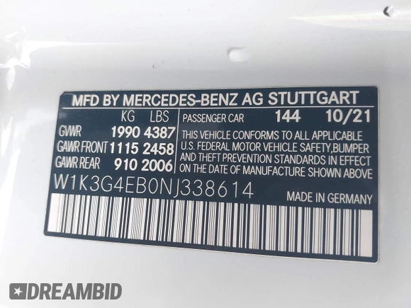 2022 Mercedes-Benz A 220 with VIN W1K3G4EB0NJ338614, listed as a IAAI auction lot 41709933 with 207,910 mi miles and . Bid and sale history available at DreamBid. Image 9.