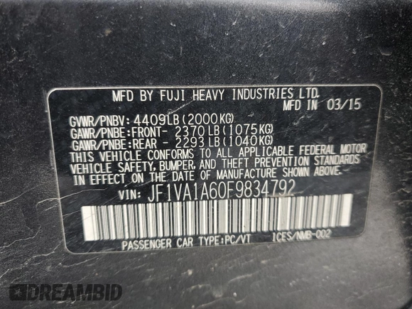 2015 Subaru WRX with VIN JF1VA1A60F9834792, listed as a Copart auction lot 46128425 with 155,677 mi miles and Salvage Title. Bid and sale history available at carsss.com. Image 14.