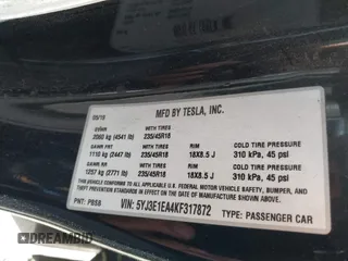 2019 Tesla Model 3 Mid Range z VIN 5YJ3E1EA4KF317872, wystawiony jako IAAI lot #41491269 z przebiegiem 90 772 mil mil oraz . Historia ofert i sprzedaży dostępna na DreamBid. Obrazek 9.