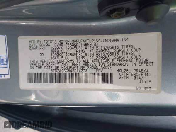 2004 Toyota Sienna CE z VIN 5TDZA23C54S214278, wystawiony jako IAAI lot #42373929 z przebiegiem 278 152 mil mil oraz . Historia ofert i sprzedaży dostępna na DreamBid. Obrazek 9.