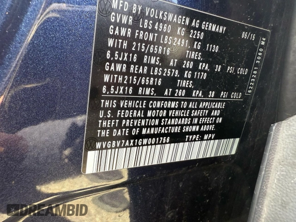 2016 Volkswagen Tiguan S with VIN WVGBV7AX1GW001756, listed as a Copart auction lot 53538165 with 105,641 mi miles and Clean Title. Bid and sale history available at DreamBid. Image 10.