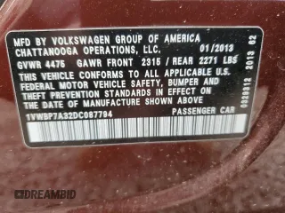 2013 Volkswagen Passat SE with VIN 1VWBP7A32DC087794, listed as a Copart auction lot 52509825 with 142,359 mi miles and Non repairable. Bid and sale history available at DreamBid. Image 13.