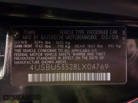 2008 BMW Z4 3.0si with VIN 4USBU53528LX04769, listed as a IAAI auction lot 42039757 with 113,500 mi miles and . Bid and sale history available at DreamBid. Image 9.
