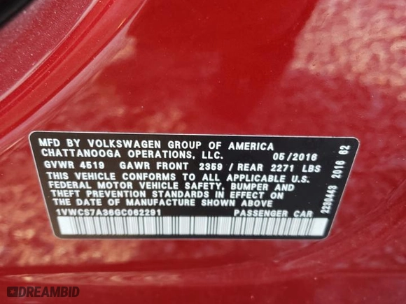 2016 Volkswagen Passat 1.8T SEL Premium with VIN 1VWCS7A36GC062291, listed as a Copart auction lot 71387954 with 73,337 mi miles and Salvage Title. Bid and sale history available at carsss.com. Image 14.