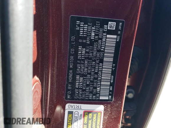 2018 Honda Clarity Plug-In Hybrid with VIN JHMZC5F18JC013539, listed as a Copart auction lot 47601514 with 63,590 mi miles. Bid and sale history available at carsss.com. Image 13.