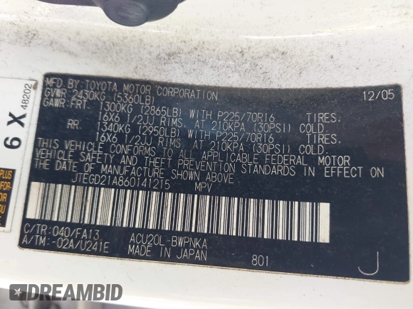 2006 Toyota Highlander with VIN JTEGD21A860141215, listed as a IAAI auction lot 42571223 with Not provided miles and . Bid and sale history available at DreamBid. Image 9.