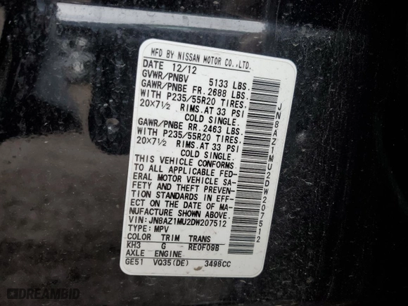 2013 Nissan Murano LE with VIN JN8AZ1MU2DW207512, listed as a Copart auction lot 79976864 with 132,483 mi miles and Salvage Title. Bid and sale history available at carsss.com. Image 14.