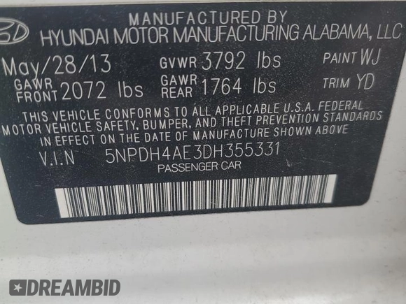 2013 Hyundai Elantra Limited with VIN 5NPDH4AE3DH355331, listed as a Copart auction lot 51640075 with 168,893 mi miles and Salvage Title. Bid and sale history available at DreamBid. Image 12.