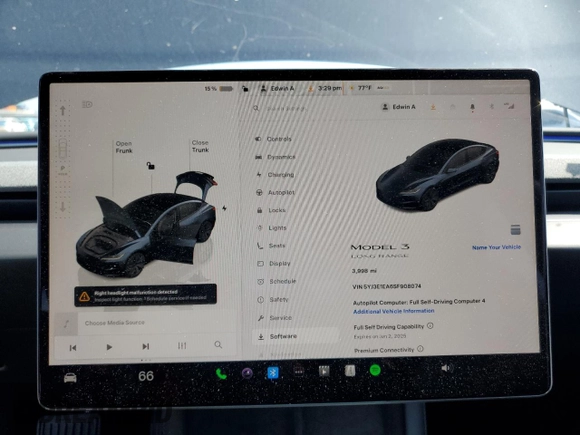 2025 Tesla Model 3 Long Range with VIN 5YJ3E1EA6SF908074, listed as a Copart auction lot 54786175 with 3,998 mi miles and Salvage title. Bid and sale history available at DreamBid. Image 9.