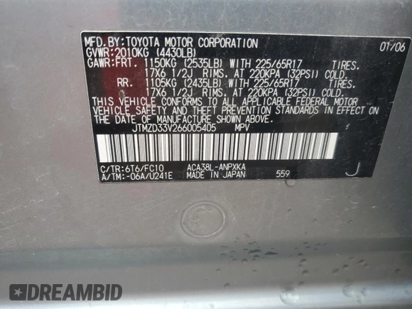 2006 Toyota RAV4 with VIN JTMZD33V266005405, listed as a Copart auction lot 51590825 with 169,186 mi miles and Salvage Title. Bid and sale history available at DreamBid. Image 15.