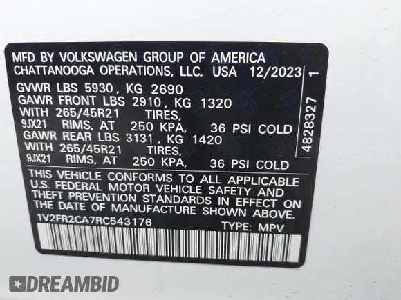 2024 Volkswagen Atlas SEL Premium R-Line with VIN 1V2FR2CA7RC543176, listed as a IAAI auction lot 42358945 with 7,066 mi miles and . Bid and sale history available at DreamBid. Image 9.