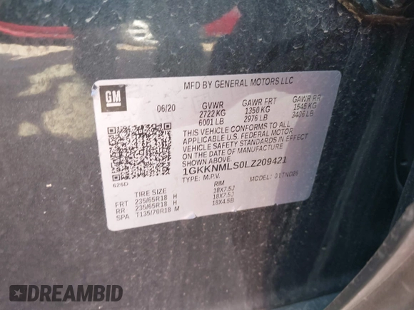 2020 GMC Acadia SLT with VIN 1GKKNMLS0LZ209421, listed as a IAAI auction lot 41990786 with 41,989 mi miles and . Bid and sale history available at DreamBid. Image 9.