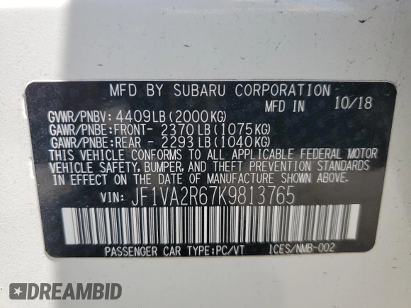 2019 Subaru WRX STI with VIN JF1VA2R67K9813765, listed as a Copart auction lot 53445805 with 42,675 mi miles and Salvage title. Bid and sale history available at DreamBid. Image 12.