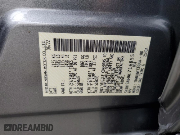 2022 Nissan Rogue S z VIN 5N1BT3AB4NC716855, wystawiony jako Copart lot #81800804 z przebiegiem 23 716 mil mil oraz Szkoda całkowita • Salvage title. Historia ofert i sprzedaży dostępna na DreamBid. Obrazek 13.