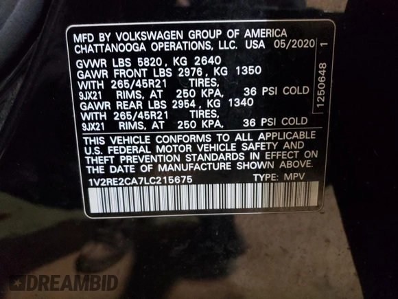 2020 Volkswagen Atlas SEL R-Line with VIN 1V2RE2CA7LC215675, listed as a Copart auction lot 82882393 with 61,021 mi miles and . Bid and sale history available at DreamBid. Image 13.