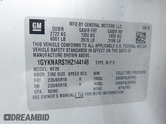 2017 Cadillac XT5 FWD with VIN 1GYKNARS7HZ144148, listed as a IAAI auction lot 41392399 with 96,252 mi miles and . Bid and sale history available at carsss.com. Image 9.