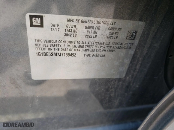 2018 Chevrolet Cruze LT with VIN 1G1BE5SM7J7155492, listed as a Copart auction lot 64747544 with 47,784 mi miles and Salvage Title. Bid and sale history available at carsss.com. Image 12.