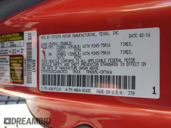 2016 Toyota Tacoma SR with VIN 5TFRX5GN3GX063533, listed as a IAAI auction lot 42592070 with 70,963 mi miles and . Bid and sale history available at DreamBid. Image 9.