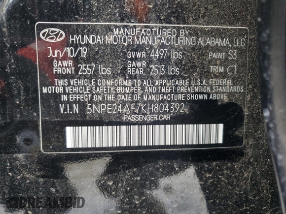 2019 Hyundai Sonata SE with VIN 5NPE24AF7KH804392, listed as a Copart auction lot 82188904 with 80,836 mi miles and Salvage Title. Bid and sale history available at carsss.com. Image 12.